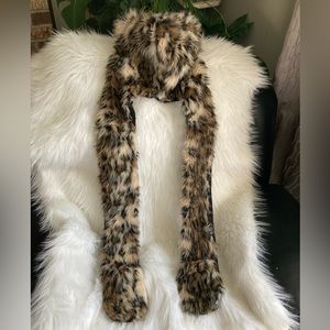 Animal Print Faux Fur Hat with Ears & Pockets